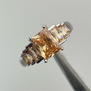 Beautiful Statement Radiant Cut Multi Stone Orange Citrine CZ Silver Plated Ring